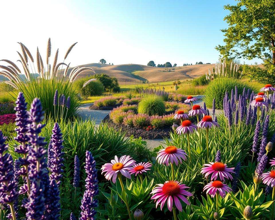 A vibrant garden scene showcasing robust garden plants ideal for Germany, featuring a variety of drought-resistant, perennial flowers and greenery. In the foreground, colorful blooms like lavender and echinacea, alongside lush foliage of ornamental grasses. The middle ground displays a well-tended garden bed, harmoniously arranged with native plants such as sedums and hardy shrubs, thriving under abundant sunlight. In the background, a serene landscape with soft rolling hills, dotted with trees and a clear blue sky. The lighting is warm and inviting, suggesting a late afternoon ambiance, while a wide-angle view captures the overall beauty and tranquility of the garden. The atmosphere is serene and flourishing, perfect for illustrating easy-care gardening. A vibrant garden scene showcasing robust garden plants ideal for Germany, featuring a variety of drought-resistant, perennial flowers and greenery. In the foreground, colorful blooms like lavender and echinacea, alongside lush foliage of ornamental grasses. The middle ground displays a well-tended garden bed, harmoniously arranged with native plants such as sedums and hardy shrubs, thriving under abundant sunlight. In the background, a serene landscape with soft rolling hills, dotted with trees and a clear blue sky. The lighting is warm and inviting, suggesting a late afternoon ambiance, while a wide-angle view captures the overall beauty and tranquility of the garden. The atmosphere is serene and flourishing, perfect for illustrating easy-care gardening.
