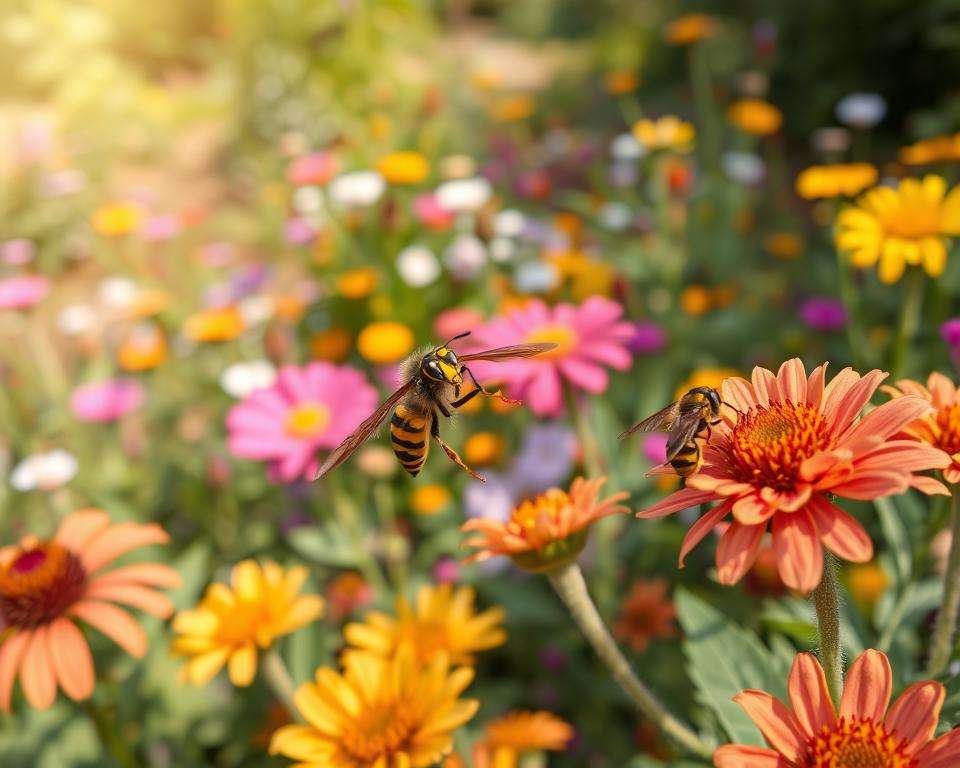 A vibrant garden scene showcasing various species of wasps in their natural habitat. In the foreground, a close-up view of a yellow and black wasp perched on bright flowers, capturing intricate details of its wings and body. In the middle ground, a diverse array of garden plants and flowers creates a lush backdrop, with some wasps in flight gathering nectar. The background features a blurred, sunlit garden landscape, adding depth and warmth. Soft, natural lighting illuminates the scene, enhancing the colors and providing a dynamic atmosphere. The perspective should evoke a sense of immersion in the garden ecosystem, highlighting the beauty and diversity of wasp species in Germany.
