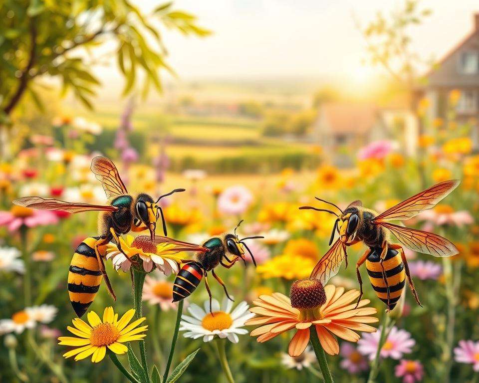 A vibrant illustration showcasing common wasp species found in Germany, focusing on their distinct features. In the foreground, several wasps—like the European wasp and the German wasp—are depicted in detail, highlighting their yellow and black patterns, elongated bodies, and delicate wings. The middle ground features a blooming garden with flowers in various colors to create a natural habitat. In the background, a soft-focus view of a typical German countryside, enhancing the sense of place. The scene is illuminated by warm, natural daylight, creating a bright, inviting atmosphere. Capture the wasps from an angle that allows for a full view of their anatomy while ensuring the overall composition feels harmonious and educational.