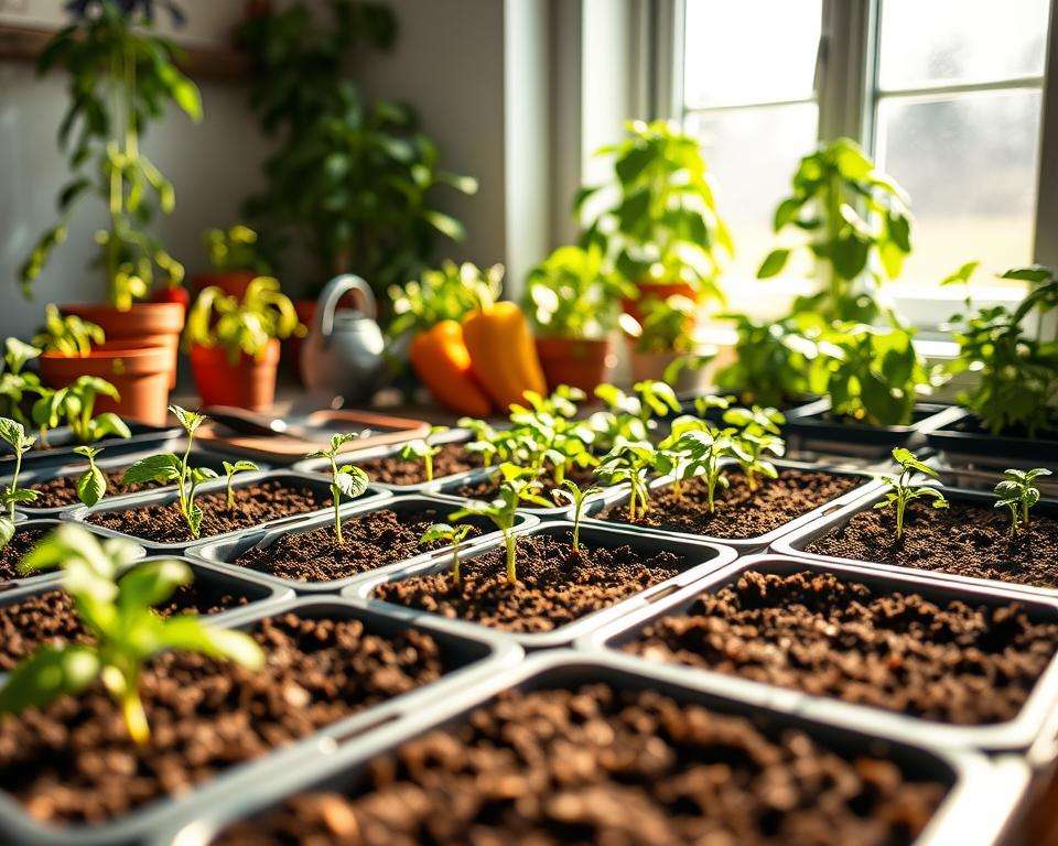 A vibrant indoor gardening setup showcasing the process of growing vegetables from seeds. In the foreground, neatly arranged seedling trays with rich soil are visible, each tray displaying young, green vegetable sprouts like tomatoes, peppers, and basil. The mid-ground features a sunlit window, where gentle rays illuminate the scene, creating a warm and nurturing atmosphere. A few gardening tools, such as a small trowel and watering can, are casually placed nearby. In the background, potted herbs and larger vegetable plants flourish, casting soft shadows on the walls. The overall mood is one of hope and new beginnings, evoking the satisfaction of nurturing life and cultivating a bountiful garden. The image should be bright, with natural lighting emphasizing the freshness of the plants, captured with a shallow depth of field to focus on the seedlings. A vibrant indoor gardening setup showcasing the process of growing vegetables from seeds. In the foreground, neatly arranged seedling trays with rich soil are visible, each tray displaying young, green vegetable sprouts like tomatoes, peppers, and basil. The mid-ground features a sunlit window, where gentle rays illuminate the scene, creating a warm and nurturing atmosphere. A few gardening tools, such as a small trowel and watering can, are casually placed nearby. In the background, potted herbs and larger vegetable plants flourish, casting soft shadows on the walls. The overall mood is one of hope and new beginnings, evoking the satisfaction of nurturing life and cultivating a bountiful garden. The image should be bright, with natural lighting emphasizing the freshness of the plants, captured with a shallow depth of field to focus on the seedlings.