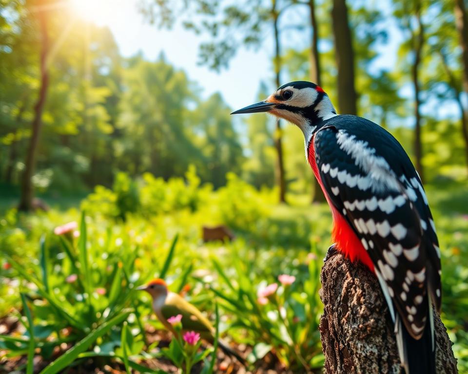 A vibrant natural setting showcasing various species of woodpeckers native to Germany. In the foreground, depict a Great Spotted Woodpecker with its striking black and white plumage, perched on a tree trunk, its distinctive red patch visible. In the middle ground, illustrate a Green Woodpecker foraging on the ground, surrounded by lush greenery and flowers. In the background, create a soft-focus scene of a dense forest, with beams of sunlight filtering through the leaves, casting dappled light on the ground. Capture the lively atmosphere of a serene day in nature, with clear blue skies and a sense of tranquility. Use a shallow depth of field to draw attention to the woodpeckers while subtly blurring the background. A vibrant natural setting showcasing various species of woodpeckers native to Germany. In the foreground, depict a Great Spotted Woodpecker with its striking black and white plumage, perched on a tree trunk, its distinctive red patch visible. In the middle ground, illustrate a Green Woodpecker foraging on the ground, surrounded by lush greenery and flowers. In the background, create a soft-focus scene of a dense forest, with beams of sunlight filtering through the leaves, casting dappled light on the ground. Capture the lively atmosphere of a serene day in nature, with clear blue skies and a sense of tranquility. Use a shallow depth of field to draw attention to the woodpeckers while subtly blurring the background.