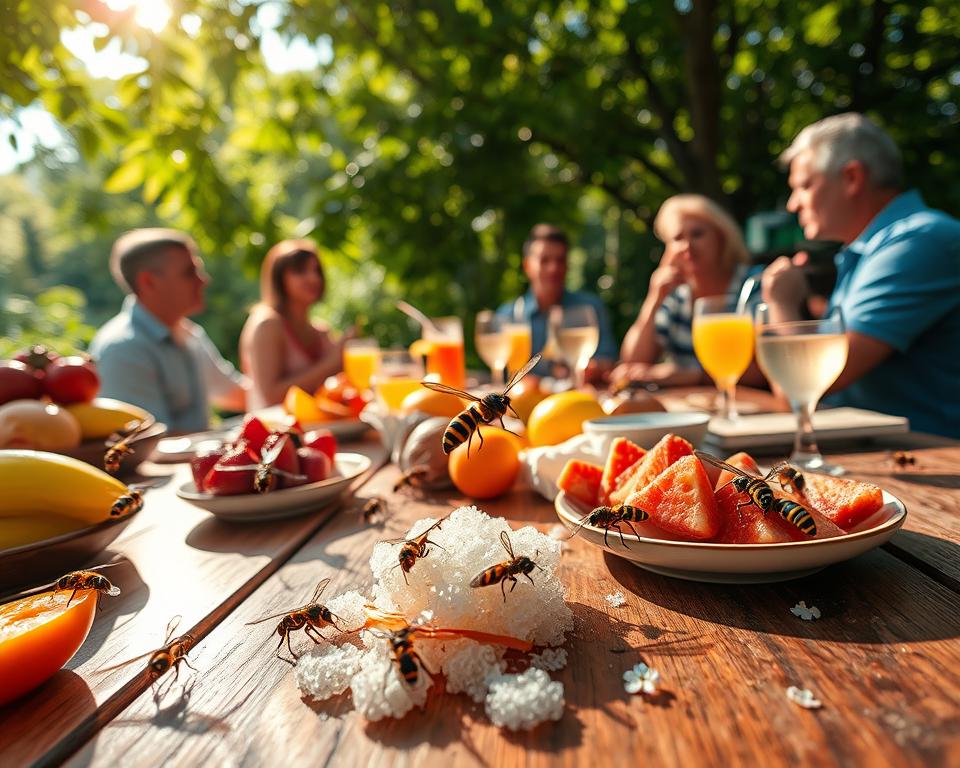 A vibrant outdoor dining scene depicting a wooden table set for a casual meal, with an array of colorful fruits, sugary desserts, and drinks spilling over with bright reflections in the sunlight. In the foreground, several wasps are captured in detail, hovering and landing on the sugary items. Their sleek, striped bodies glisten in the warm sunlight, showcasing their delicate wings. In the middle ground, soft-focus diners in modest casual clothing enjoy their meal, slightly leaning back to observe the buzzing wasps without showing alarm. Surrounded by lush greenery in the background, the atmosphere is warm and inviting, with dappled sunlight filtering through the leaves and creating playful patterns on the table. The scene conveys a harmonious connection between nature and outdoor dining, emphasizing the wasps' attraction to sweets.
