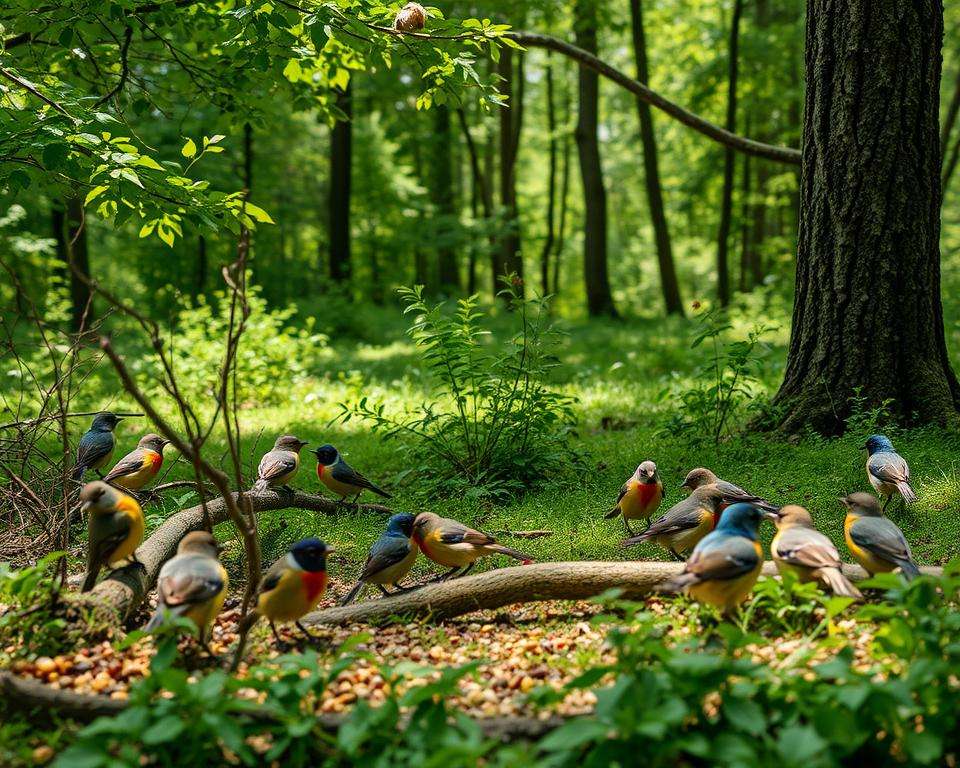 A vibrant scene capturing the social behavior of various titmouse species in a lush, green forest setting in Germany. In the foreground, small groups of colorful titmice interact with each other, showcasing their playful nature, with some perched on nearby branches and others foraging for seeds on the ground. In the middle ground, a mix of native trees and shrubs creates a natural habitat, rich in detail, with dappled sunlight filtering through the leaves, casting soft shadows. The background features a blurred expanse of other trees and vegetation, enhancing the depth of the scene. The overall mood is lively and serene, inviting viewers to observe the charming interactions of these birds. The image is captured in natural light with a focus on vibrant colors, highlighting the lively and social aspect of their behavior.