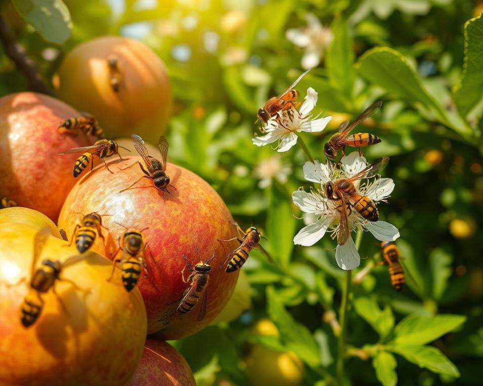 A vibrant scene depicting wasps in their natural habitat, actively foraging for food. In the foreground, a close-up of multiple wasps perched on ripe fruits like apples and pears, their intricate yellow and black patterns vividly detailed under dappled sunlight. In the middle ground, delicate flowers attract the wasps, showcasing their hunting behavior as they interact with the environment. The background features lush green foliage, creating a rich contrast and a sense of depth. Soft, diffused natural lighting bathes the scene, enhancing the colors and textures. The atmosphere is lively and dynamic, capturing the essence of wasps' feeding habits in Germany's diverse landscapes, embodying a mix of curiosity and natural beauty.