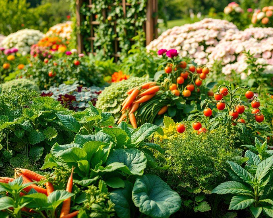 A vibrant vegetable garden in a decorative landscape, showcasing a diverse array of plants. In the foreground, lush leafy greens like kale and lettuce mingle with bright orange carrots and radishes, all interspersed with fragrant herbs such as basil and rosemary. The middle ground features colorful tomato plants loaded with ripe fruits, visually appealing berry bushes, and flowering zucchini vines, creating a harmonious mix of colors and textures. The background reveals a charming wooden trellis and a soft blur of blooming flowers in pastel shades, enhancing the garden's beauty. Soft, warm sunlight filters through the scene, casting gentle shadows and adding a serene, inviting atmosphere to the setting. The angle is slightly elevated to capture the full layout of this picturesque mix garden, emphasizing a blend of both utility and aesthetic appeal. A vibrant vegetable garden in a decorative landscape, showcasing a diverse array of plants. In the foreground, lush leafy greens like kale and lettuce mingle with bright orange carrots and radishes, all interspersed with fragrant herbs such as basil and rosemary. The middle ground features colorful tomato plants loaded with ripe fruits, visually appealing berry bushes, and flowering zucchini vines, creating a harmonious mix of colors and textures. The background reveals a charming wooden trellis and a soft blur of blooming flowers in pastel shades, enhancing the garden's beauty. Soft, warm sunlight filters through the scene, casting gentle shadows and adding a serene, inviting atmosphere to the setting. The angle is slightly elevated to capture the full layout of this picturesque mix garden, emphasizing a blend of both utility and aesthetic appeal.