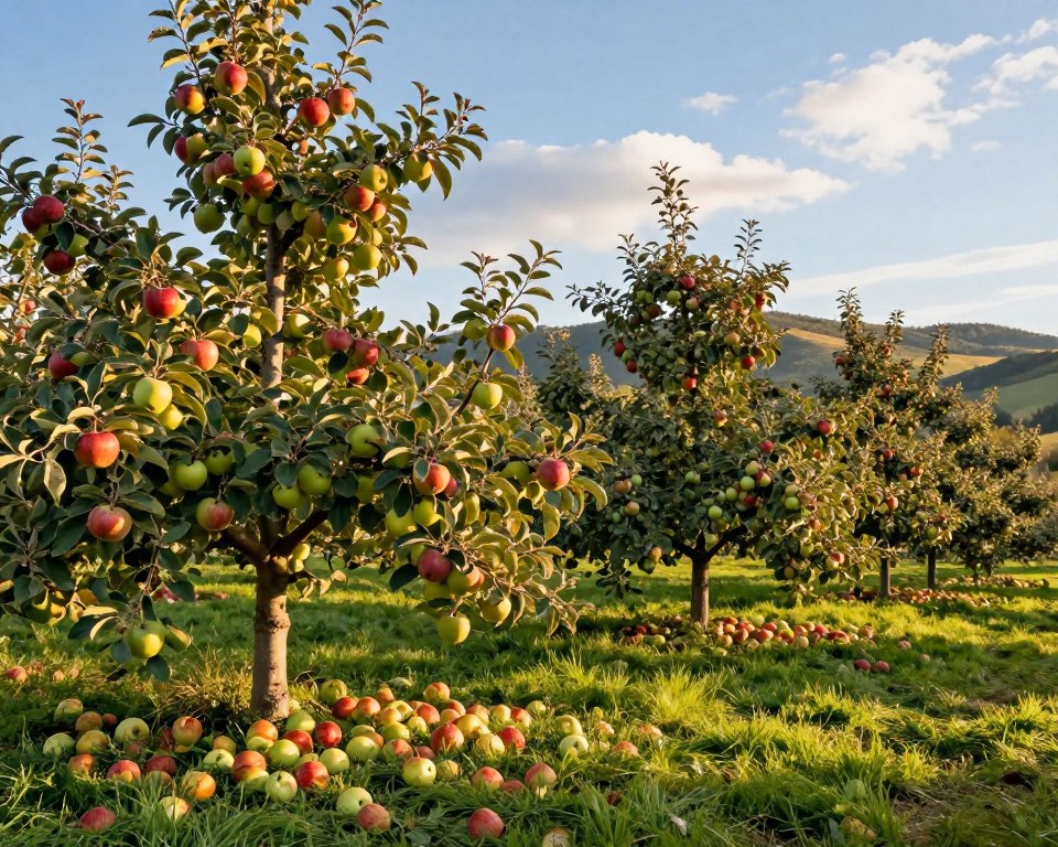 Apfelbäume mit verschiedenen Sorten Apfelbäume mit verschiedenen Sorten