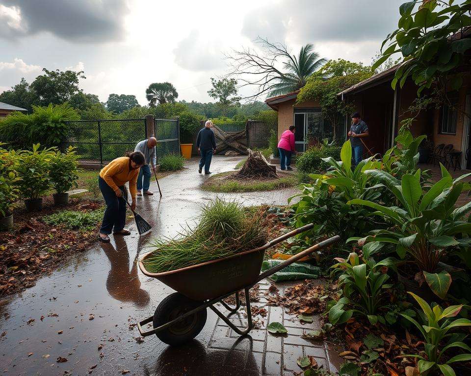 Aufräumarbeiten nach Hochwasser im Garten