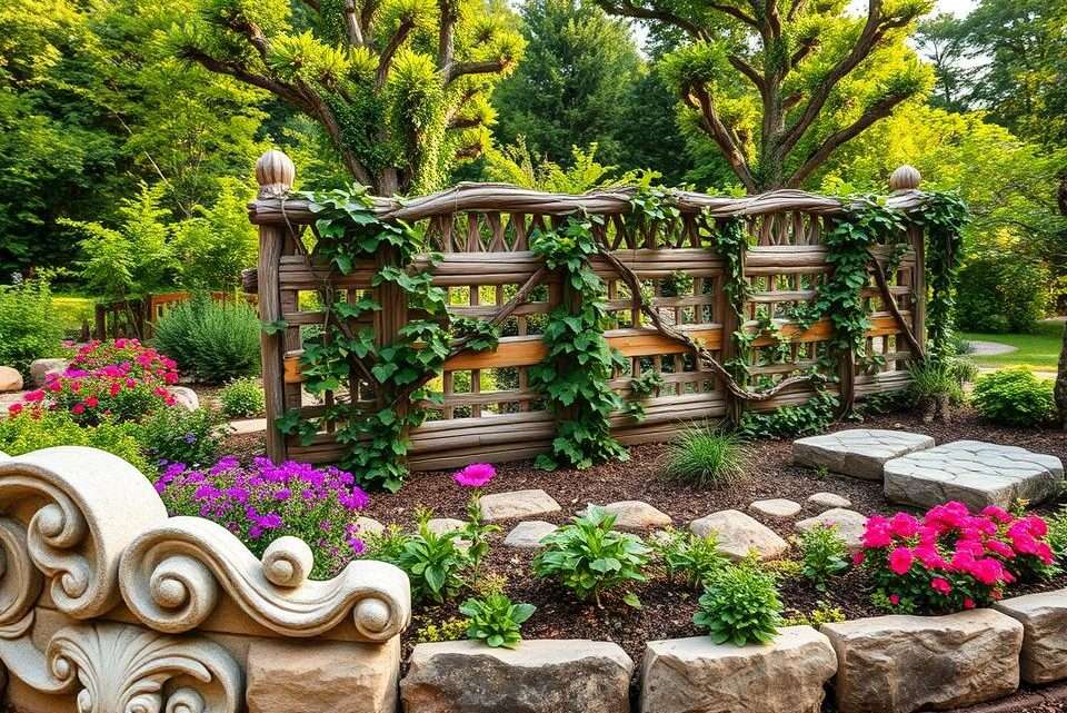 Beeteinfassungen aus Naturstein, Holz und Pflanzen