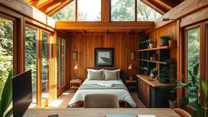 Design-Ideen für kombinierte Büro- und Gästezimmer im Holz-Gartenhaus