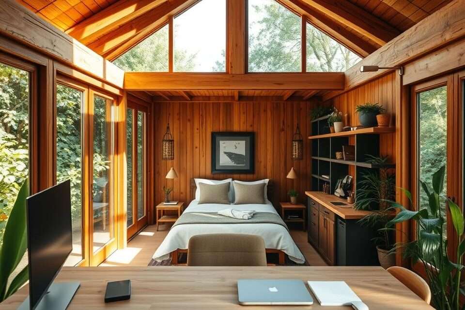 Design-Ideen für kombinierte Büro- und Gästezimmer im Holz-Gartenhaus