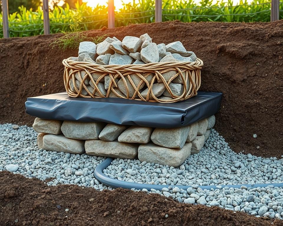 Drainage Gabionenfundament Abdichtung