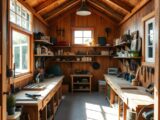 Einrichtung eines Holz-Gartenhauses als Werkstatt