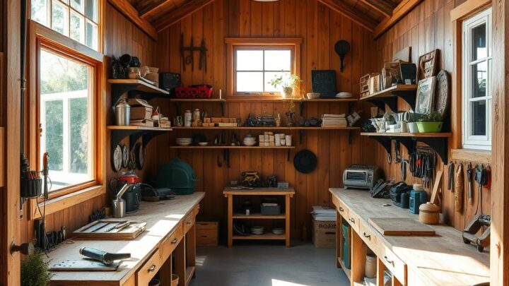 Einrichtung eines Holz-Gartenhauses als Werkstatt