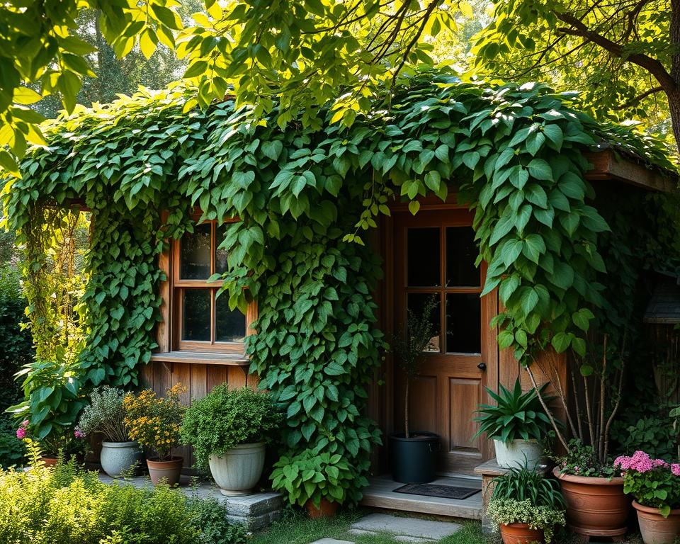 Gartenhaus Begrünung mit Kletterpflanzen