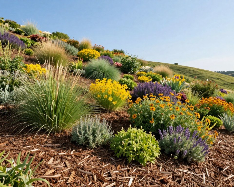 Hangbepflanzung mit Mulch und Erosionsschutz Hangbepflanzung mit Mulch und Erosionsschutz