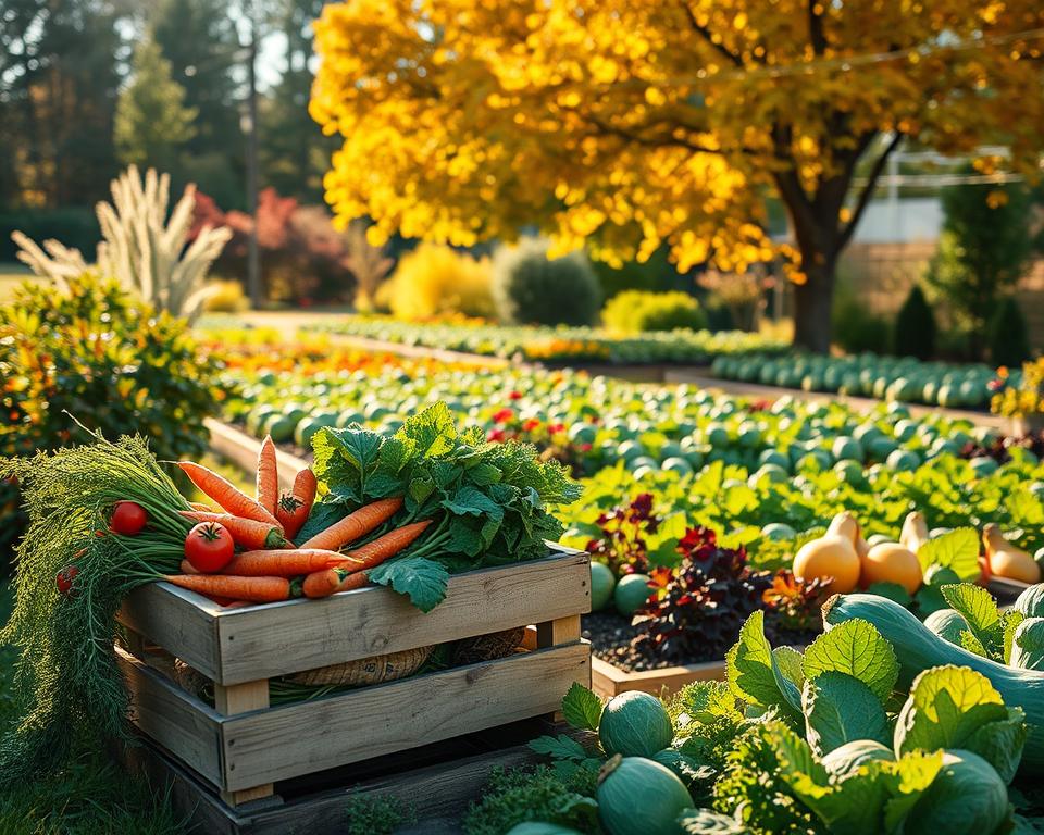 Herbstlicher Garten mit Gemüseernte