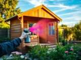 Holz-Gartenhaus mit Farbe besprühen statt Pinseln