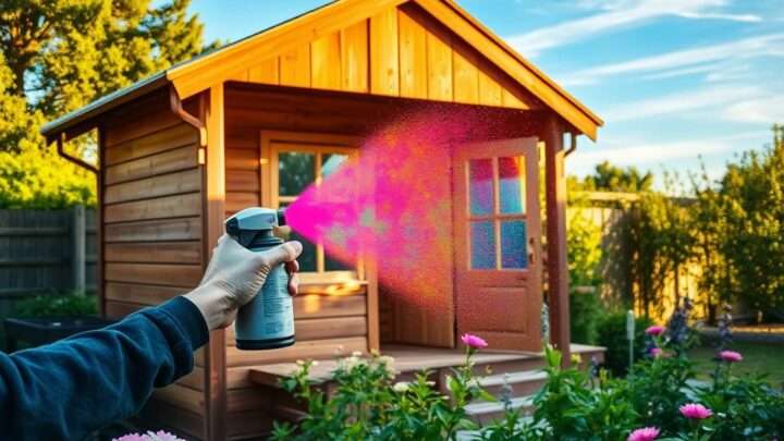 Holz-Gartenhaus mit Farbe besprühen statt Pinseln – So geht’s richtig