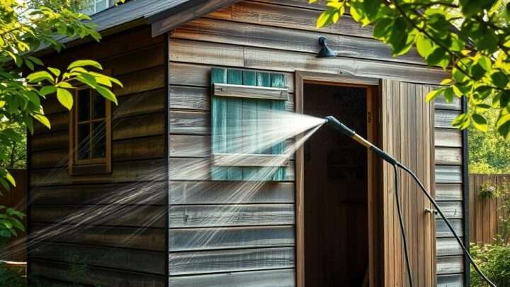 Wie man einen Schuppen oder ein Holz-Gartenhaus schonend mit einem Hochdruckreiniger säubert