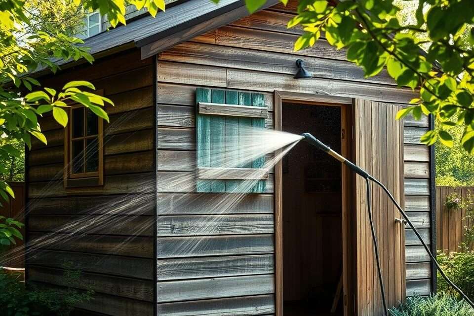 Wie man einen Schuppen oder ein Holz-Gartenhaus schonend mit einem Hochdruckreiniger säubert