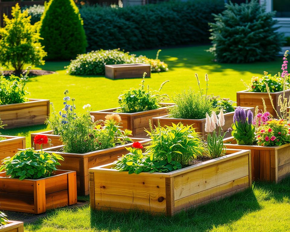 Holz-Pflanzgefäße im Garten