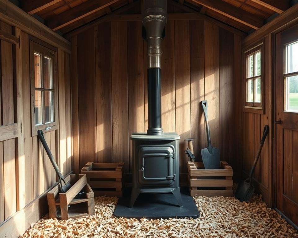 Holzofen Installation Gartenhaus