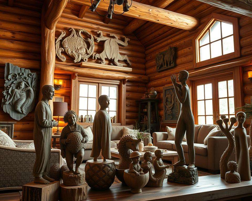Holzreliefs und Naturfiguren Blockhaus Einrichtung