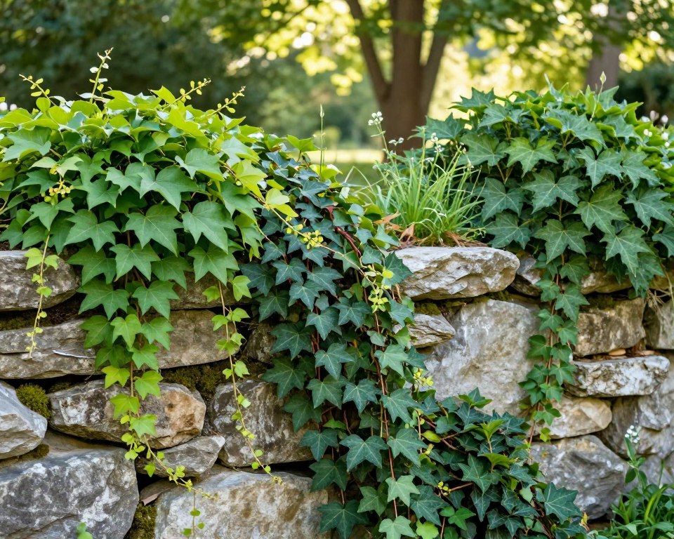Immergrüne Mauerpflanzen an Natursteinmauer