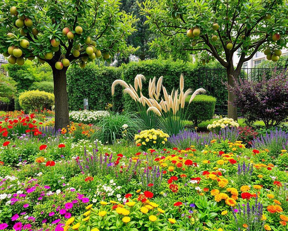 Integration von Obstbäumen Blumen und Stauden