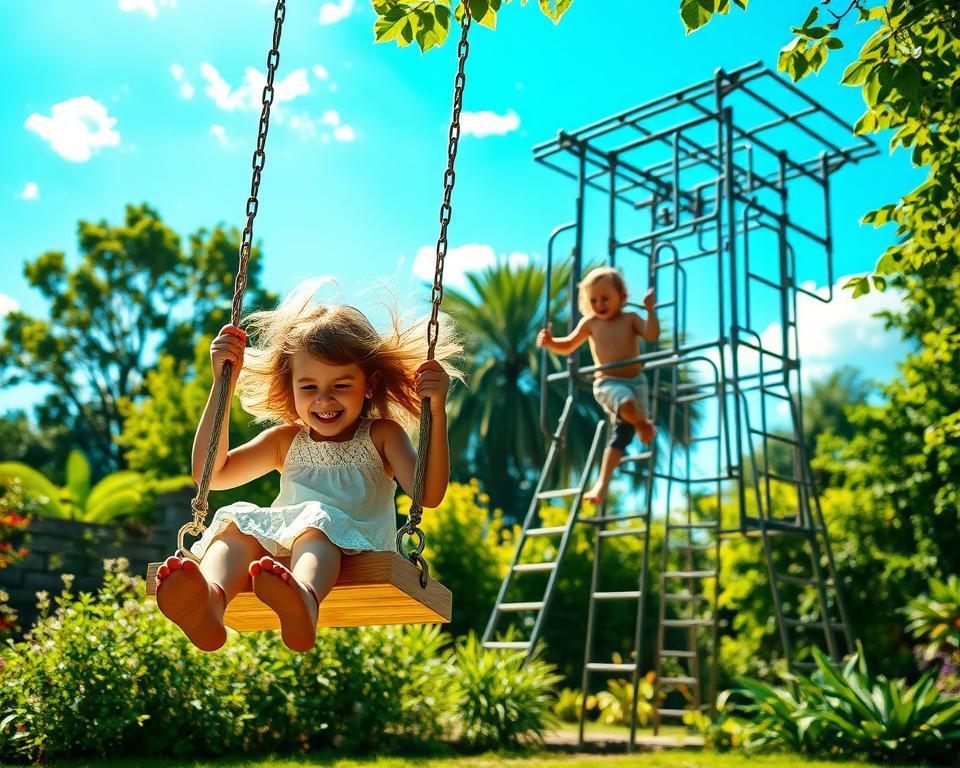 Kinder auf Gartenschaukel und Klettergerüst