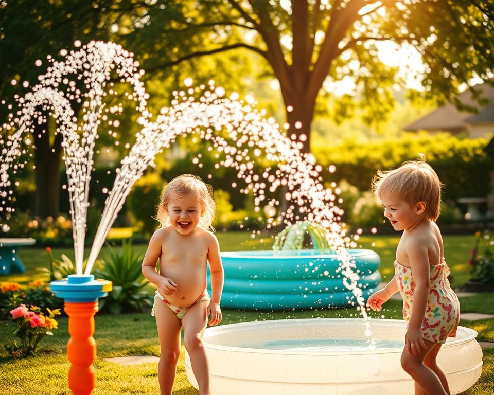 Kinder spielen mit Wasserspielzeug im Garten