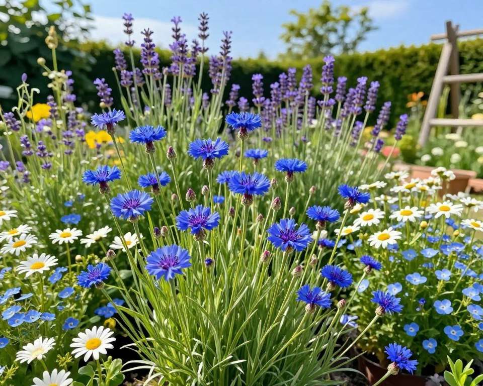 Kornblumen Begleitpflanzen in Gartenlandschaft Kornblumen Begleitpflanzen in Gartenlandschaft