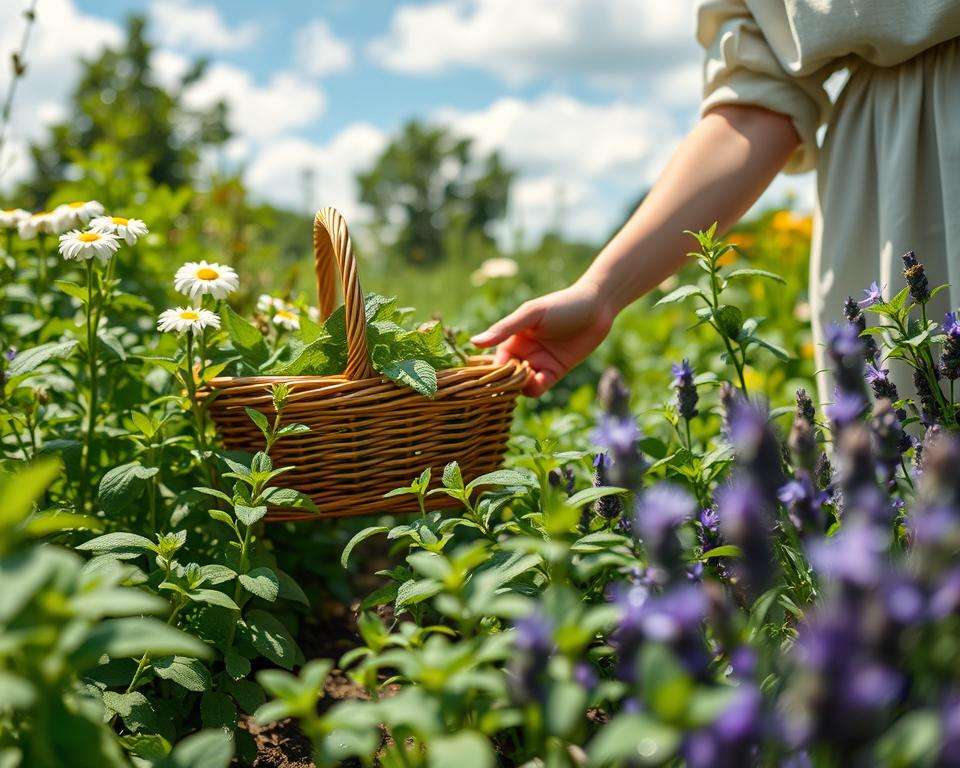 Kräuter ernten für Teeherstellung