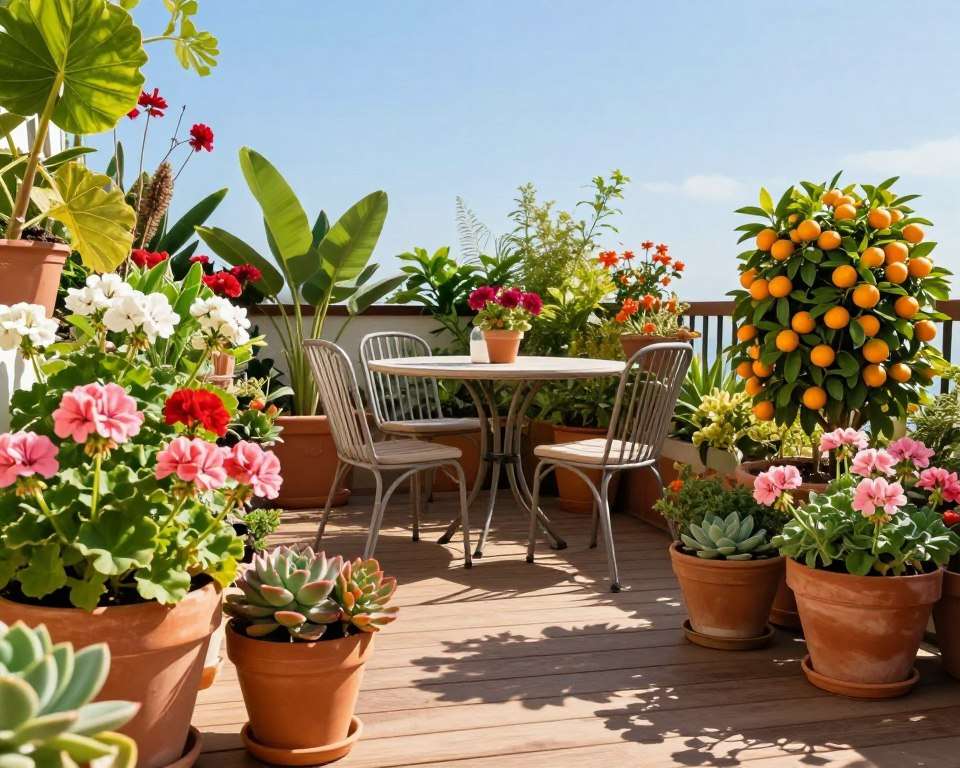 Kübelpflanzen auf sonniger Südterrasse