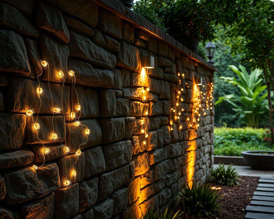 Kunstinstallation Gartenwand Beleuchtung