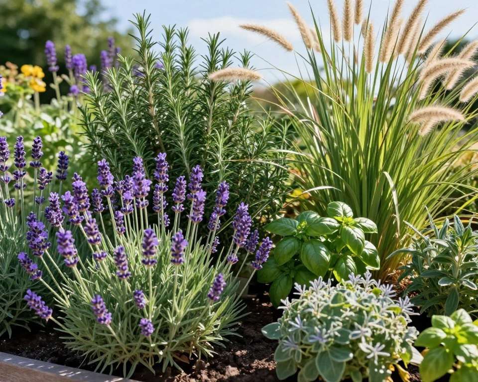 Lavendel Beet Gestaltung mit Kräutern und Ziergräsern