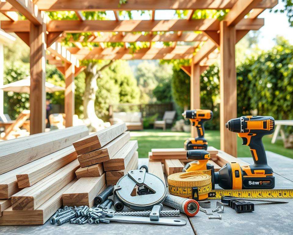 Materialien und Werkzeug für Pergola