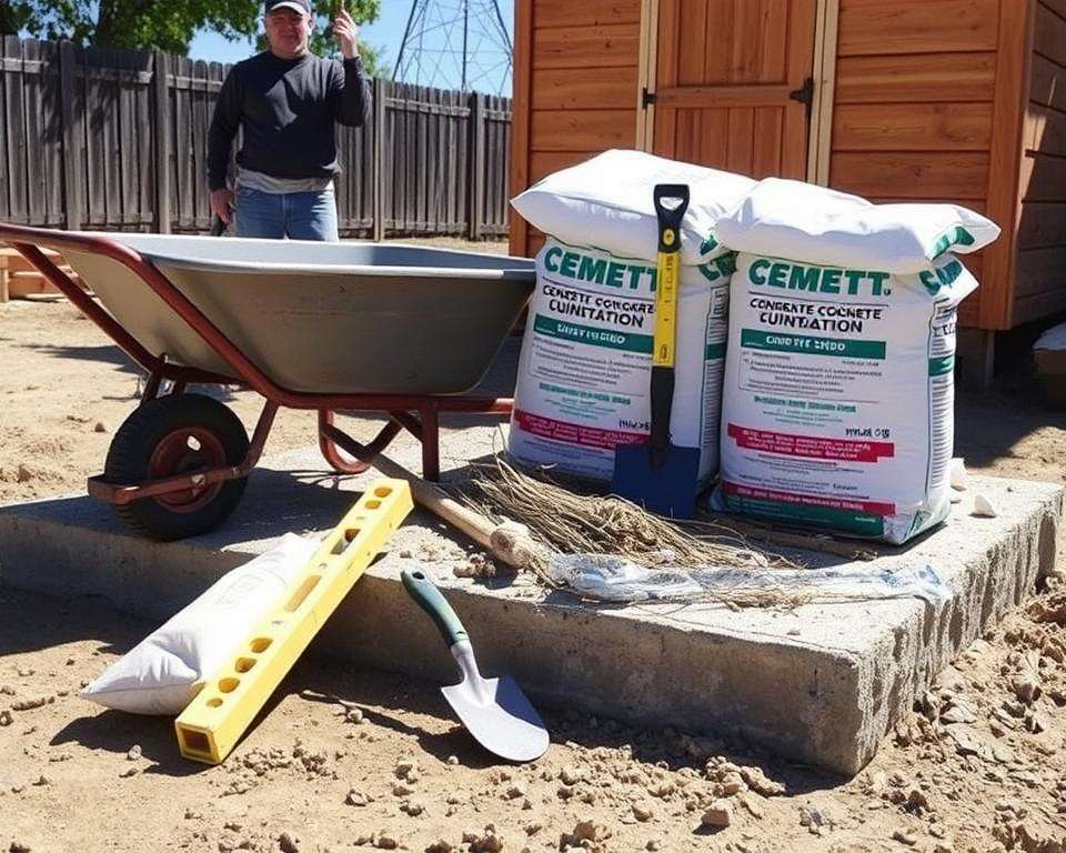 Materialien und Werkzeuge für Betonfundament