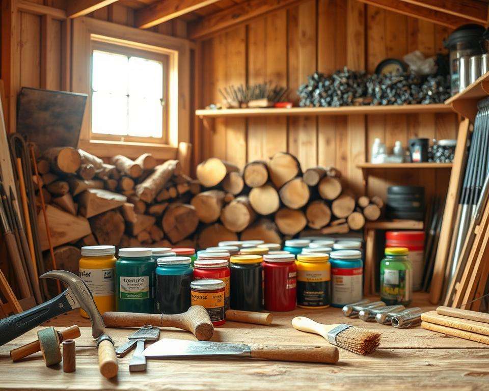 Materialien und Werkzeuge für Holzschuppen