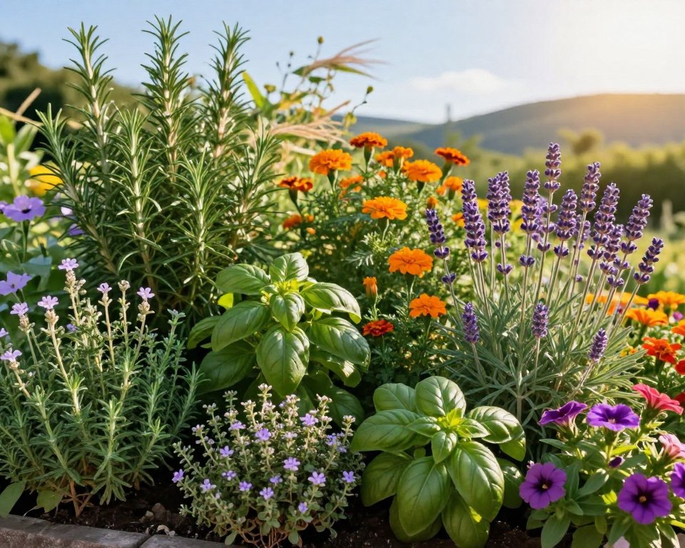 Mediterrane Kräuter und Sommerblumen Kombination