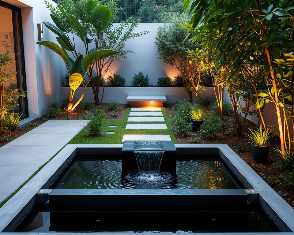 Moderne Gartenbrunnen und Gartenbeleuchtung