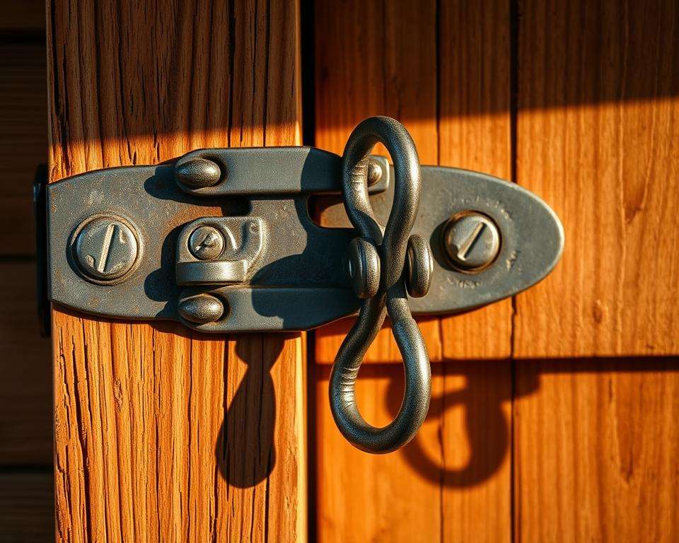 Montage von Riegel und Öse am Gartenschuppen Montage von Riegel und Öse am Gartenschuppen