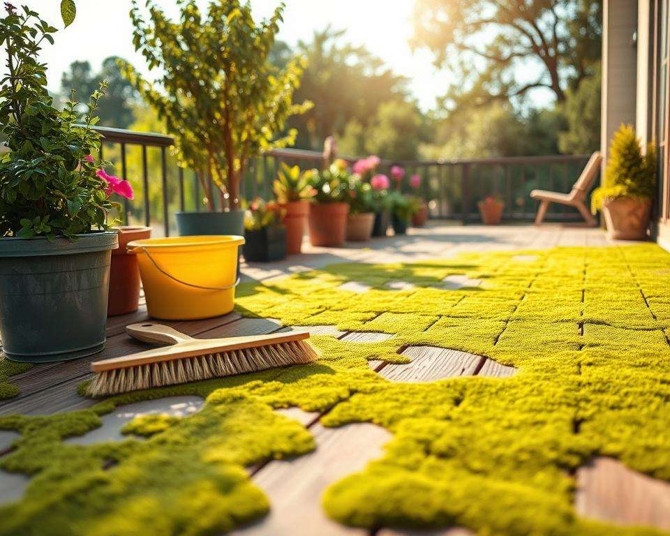 Moos und Algen auf Terrasse bekämpfen