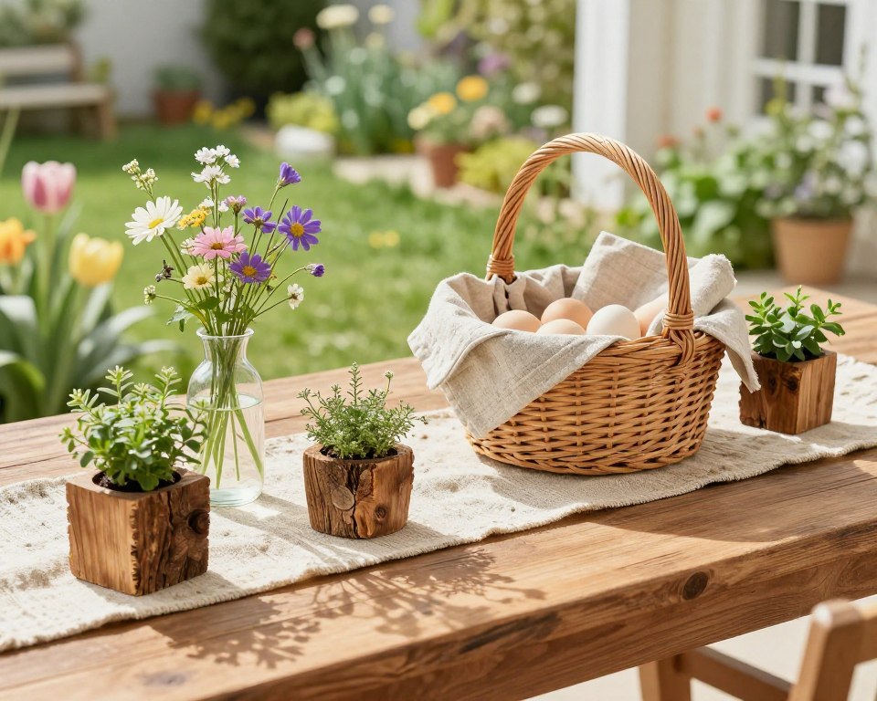 Natürliche Frühlingsdekoration mit Holz und Leinen