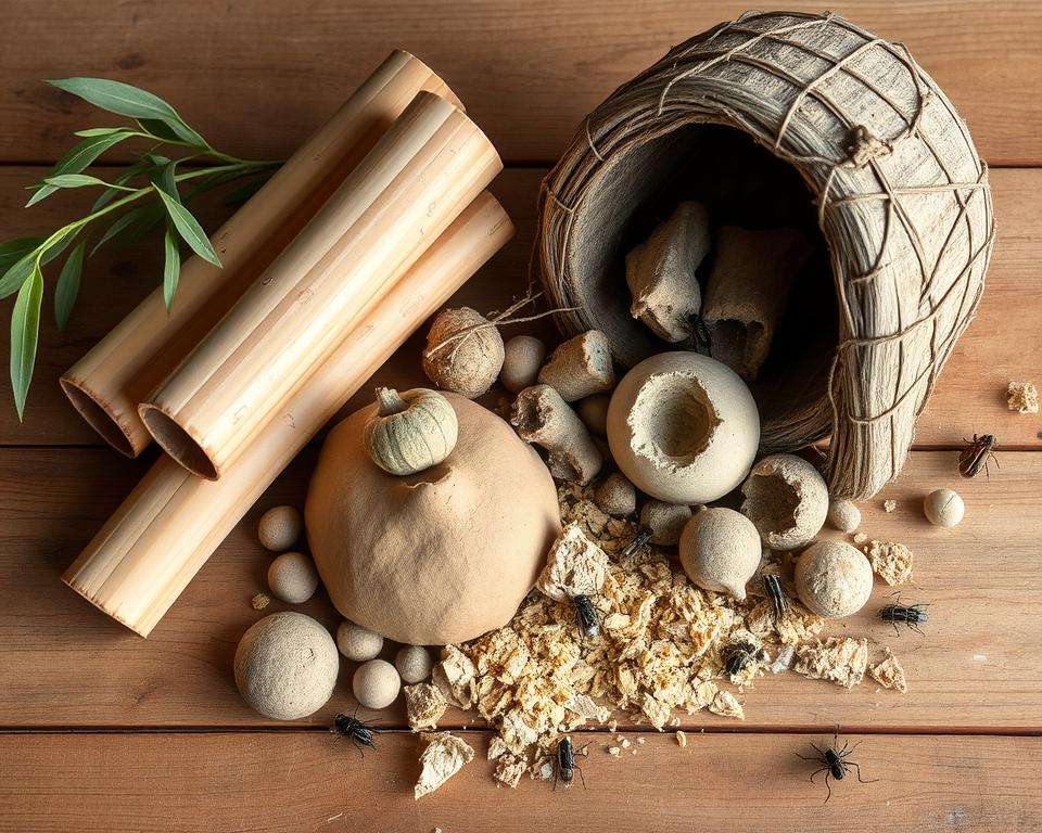 Naturmaterialien für Nisthilfe wie Bambus und Lehm