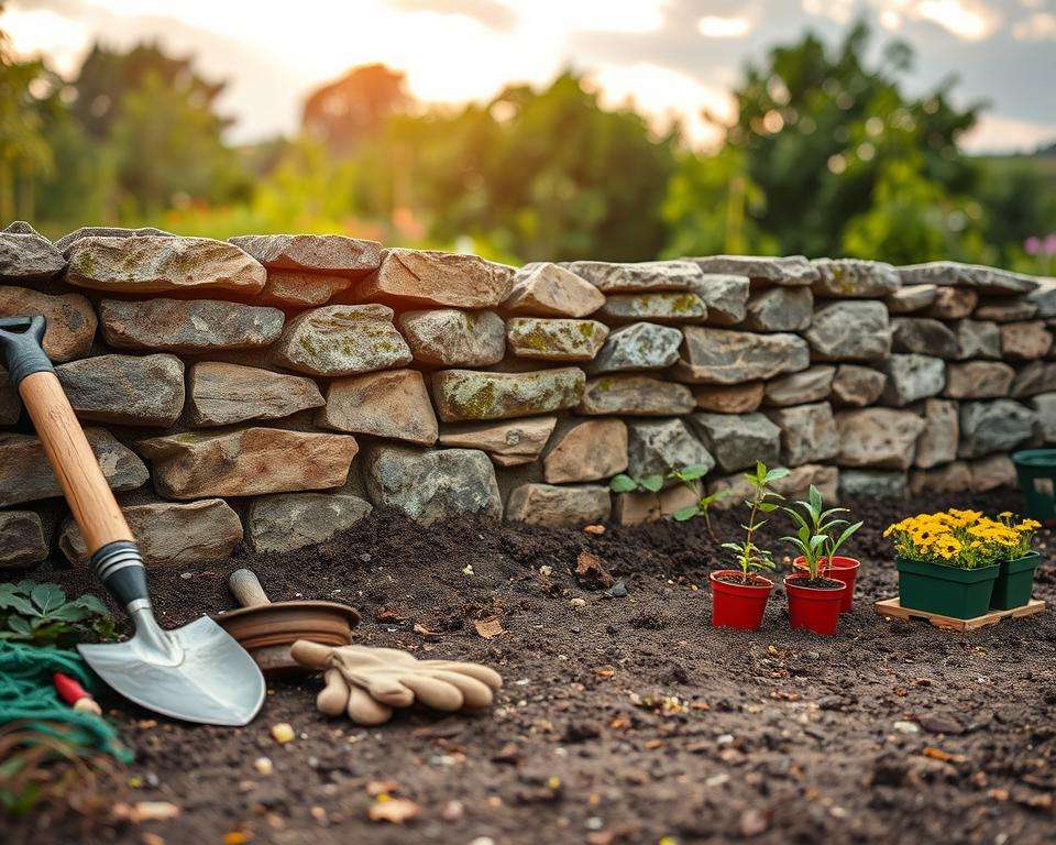 Natursteinmauer Vorbereitung für Bepflanzung