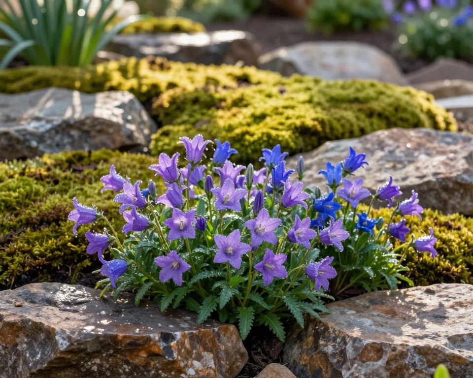 Niedrige Glockenblumen im Steingarten