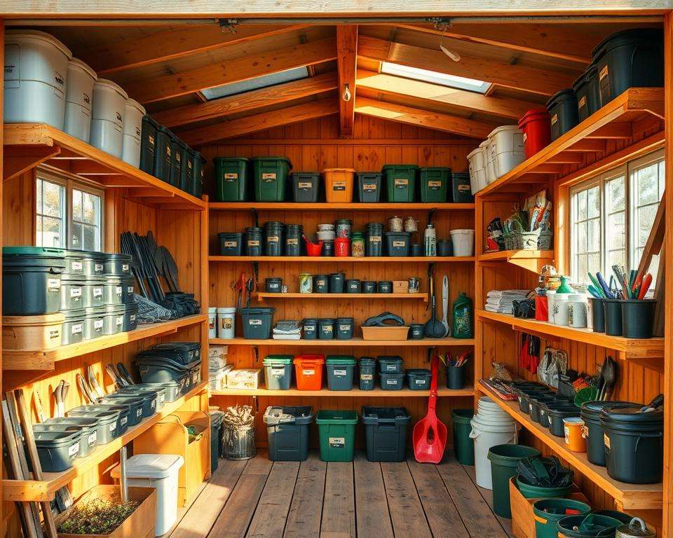 Organisation im Gartenhaus mit Regalen