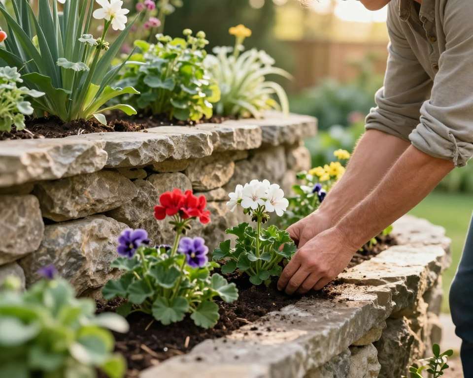 Pflanzen setzen Steinmauer