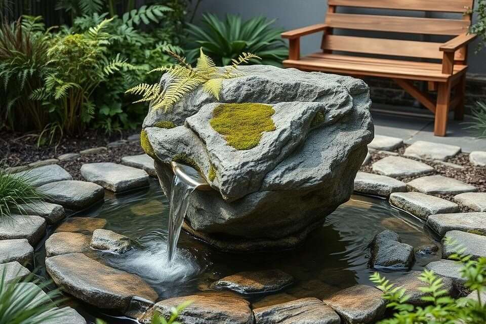 Quellstein im Garten selber bauen – 30 Ideen mit Findling, Teich, Beleuchtung, Kugeln & mehr